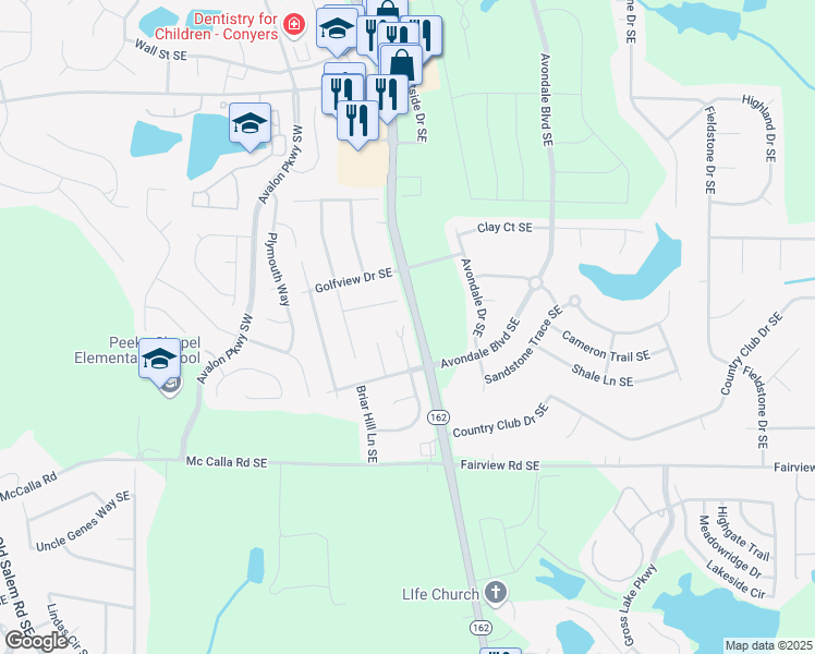 map of restaurants, bars, coffee shops, grocery stores, and more near 2785 Country Court Southeast in Conyers