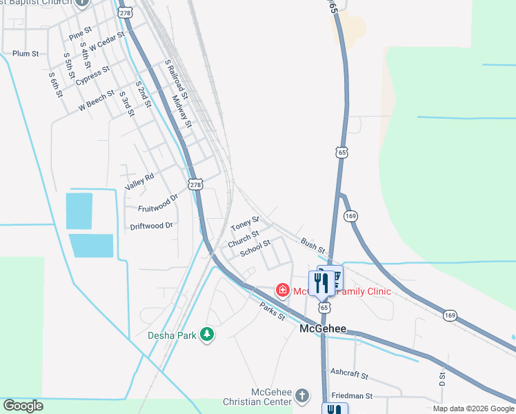 map of restaurants, bars, coffee shops, grocery stores, and more near 307 Toney Street in McGehee