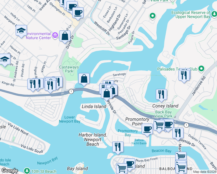 map of restaurants, bars, coffee shops, grocery stores, and more near 205 Tremont Drive in Newport Beach