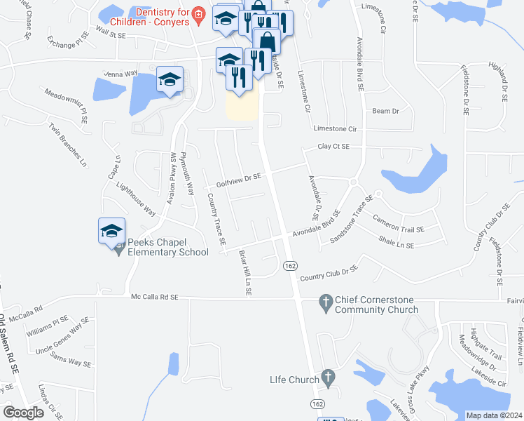 map of restaurants, bars, coffee shops, grocery stores, and more near 2782 Country Court Southeast in Conyers
