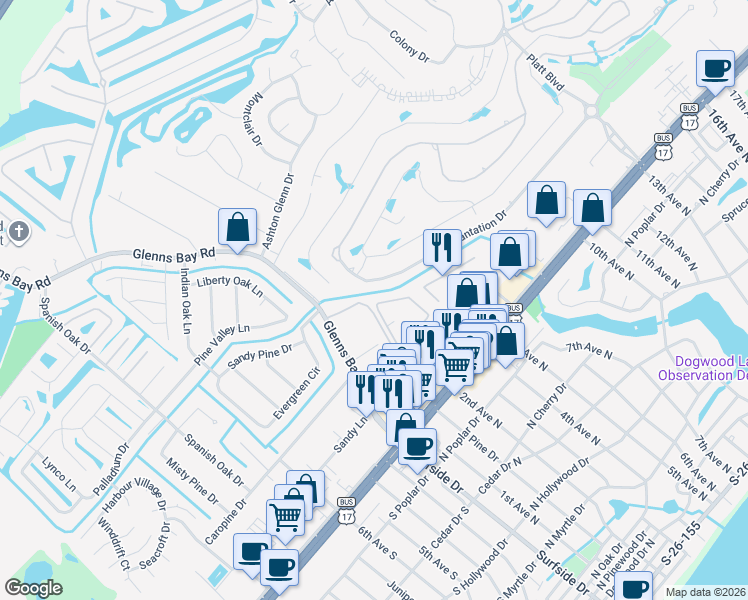 map of restaurants, bars, coffee shops, grocery stores, and more near 1101 2nd Avenue North in Surfside Beach