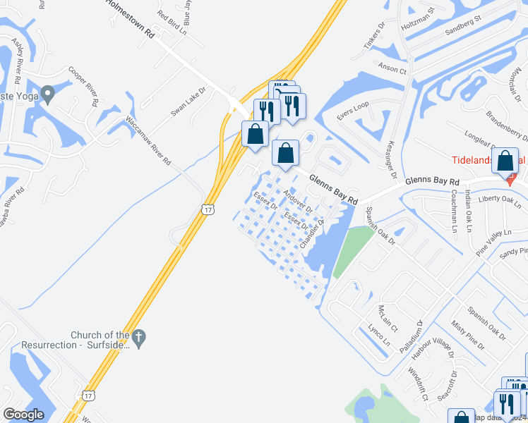 map of restaurants, bars, coffee shops, grocery stores, and more near 8649 South Bridge Drive in Surfside Beach