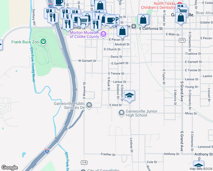 map of restaurants, bars, coffee shops, grocery stores, and more near 823 South Rusk Street in Gainesville