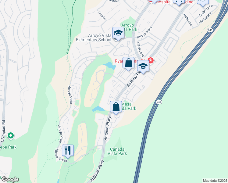 map of restaurants, bars, coffee shops, grocery stores, and more near 13 Encantado Canyon in Rancho Santa Margarita