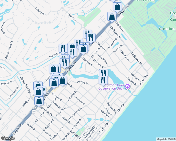 map of restaurants, bars, coffee shops, grocery stores, and more near 109 Harbor Lights Drive in Surfside Beach
