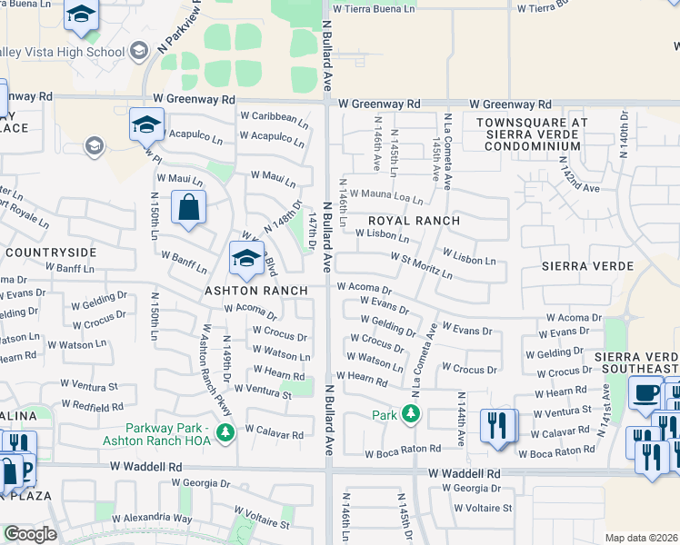 map of restaurants, bars, coffee shops, grocery stores, and more near 17517 West Mandalay Lane in Surprise