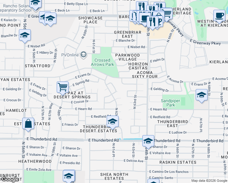 map of restaurants, bars, coffee shops, grocery stores, and more near 6117 East Gelding Drive in Scottsdale