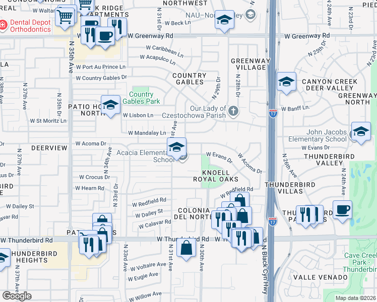 map of restaurants, bars, coffee shops, grocery stores, and more near 3021 West Evans Drive in Phoenix