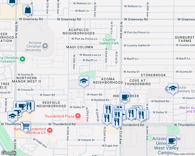 map of restaurants, bars, coffee shops, grocery stores, and more near 14419 North 52nd Lane in Glendale