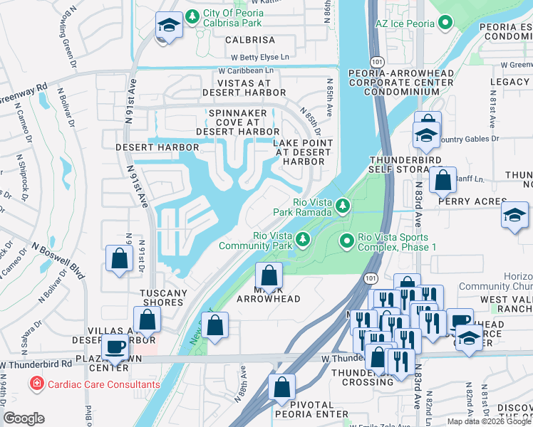 map of restaurants, bars, coffee shops, grocery stores, and more near 14529 North 87th Avenue in Peoria