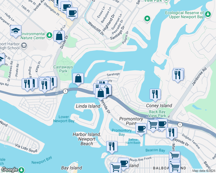 map of restaurants, bars, coffee shops, grocery stores, and more near 241 Plymouth Avenue in Newport Beach