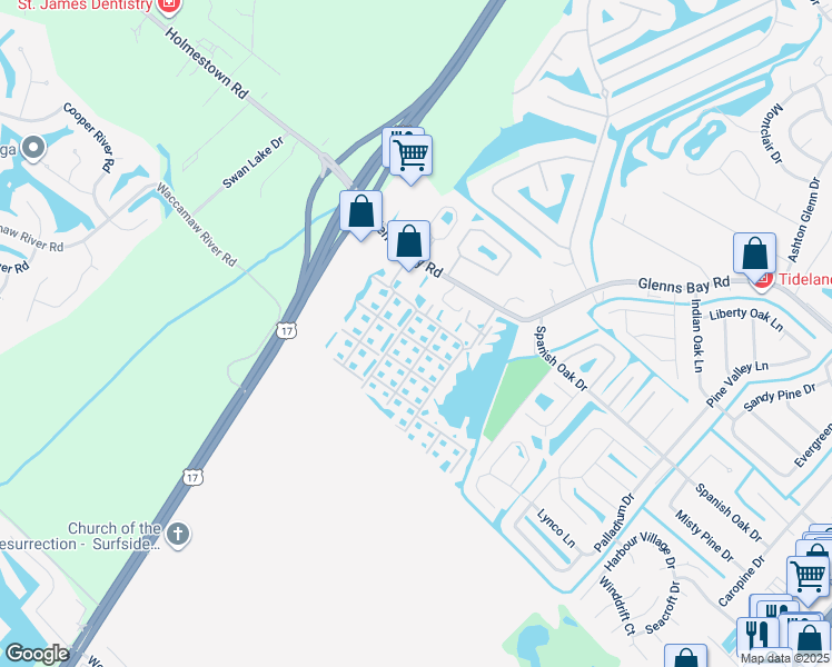 map of restaurants, bars, coffee shops, grocery stores, and more near 8796 Cloister Drive in Myrtle Beach