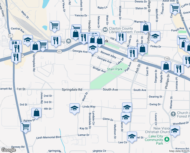 map of restaurants, bars, coffee shops, grocery stores, and more near 5085 Lake Drive in Forest Park