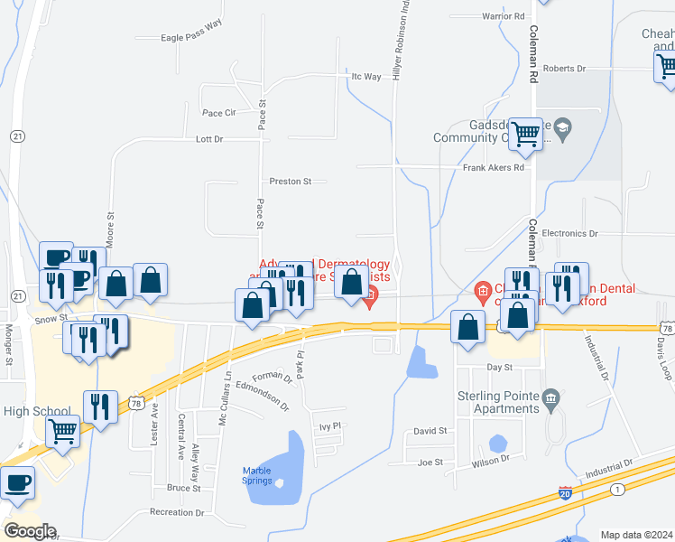 map of restaurants, bars, coffee shops, grocery stores, and more near 120 Pine Lane in Oxford