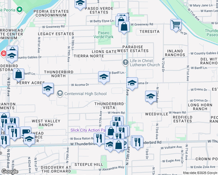 map of restaurants, bars, coffee shops, grocery stores, and more near 7615 West Acoma Drive in Peoria