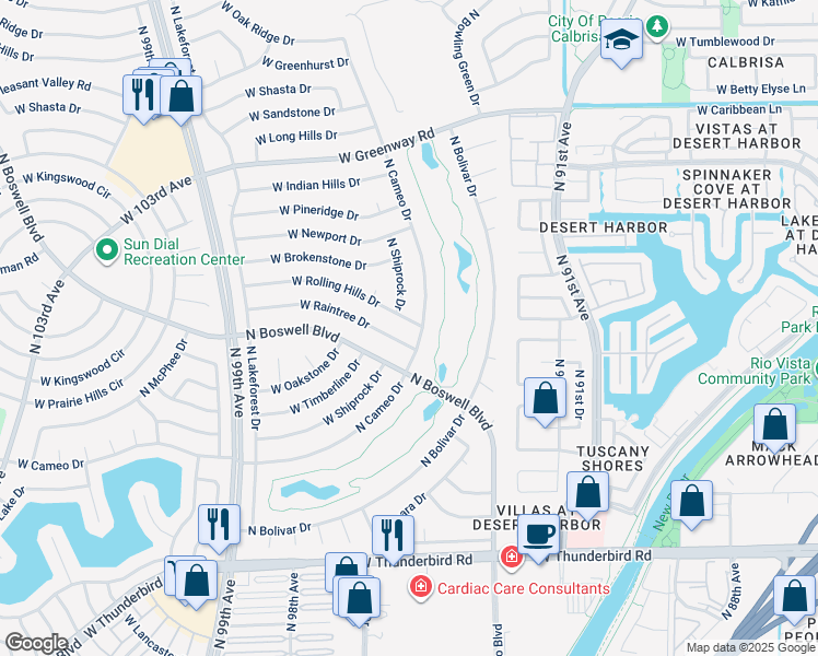 map of restaurants, bars, coffee shops, grocery stores, and more near 9409 West Raintree Drive in Sun City