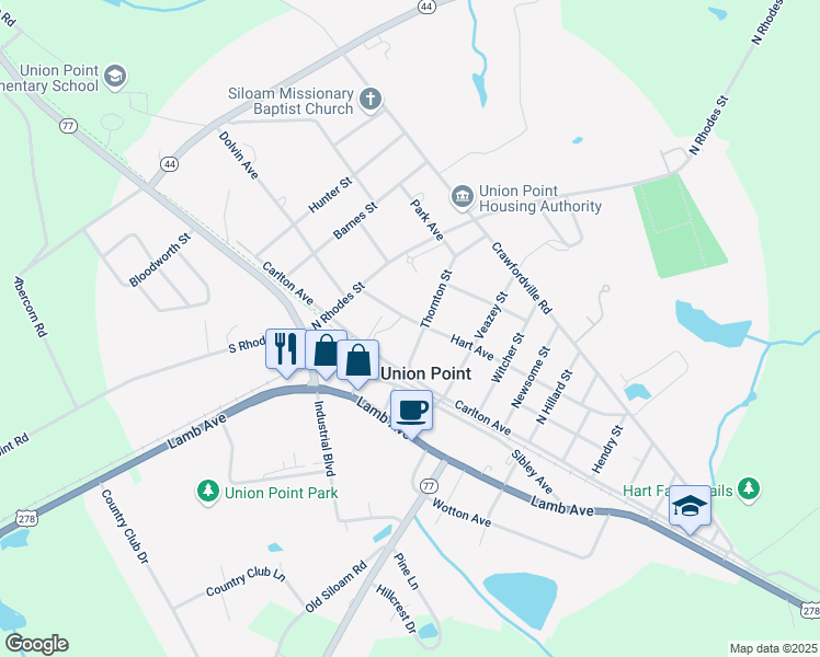 map of restaurants, bars, coffee shops, grocery stores, and more near 608 Hart Avenue in Union Point