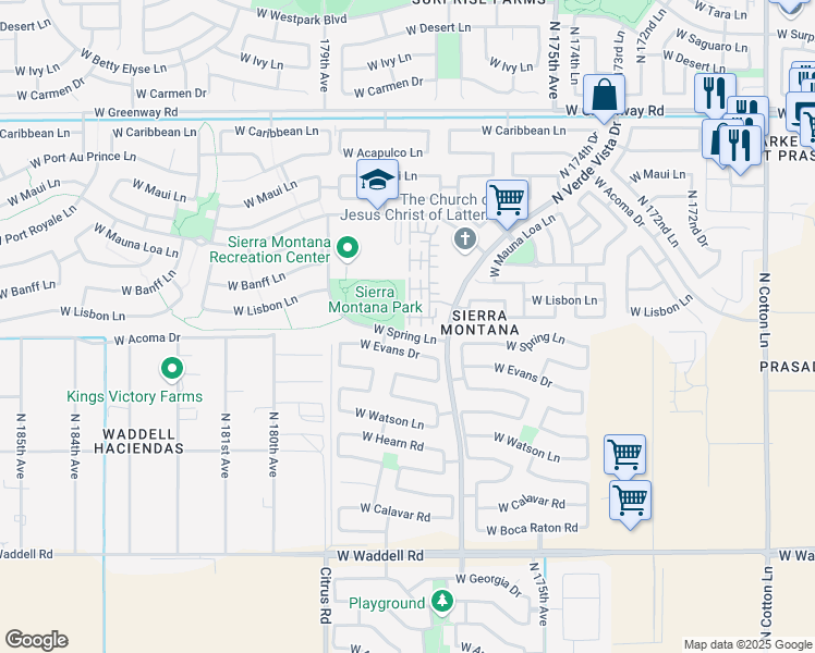 map of restaurants, bars, coffee shops, grocery stores, and more near 17753 West Mandalay Lane in Surprise