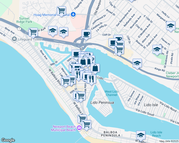 map of restaurants, bars, coffee shops, grocery stores, and more near 3353 Via Lido in Newport Beach