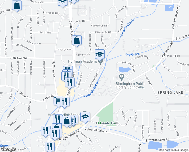 map of restaurants, bars, coffee shops, grocery stores, and more near 1144 Cheyenne Boulevard in Birmingham