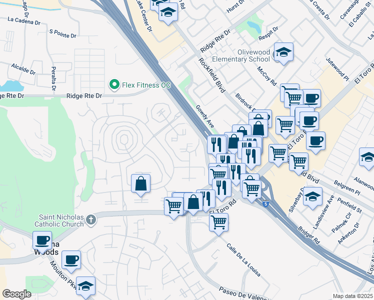 map of restaurants, bars, coffee shops, grocery stores, and more near 2093 Ronda Granada in Laguna Woods