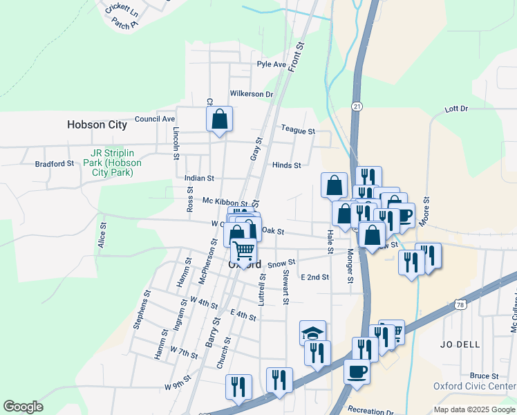 map of restaurants, bars, coffee shops, grocery stores, and more near 301 Main Street in Oxford