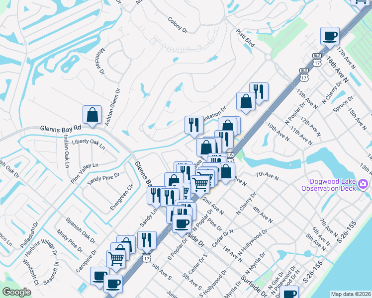 map of restaurants, bars, coffee shops, grocery stores, and more near 1101 2nd Avenue North in Surfside Beach