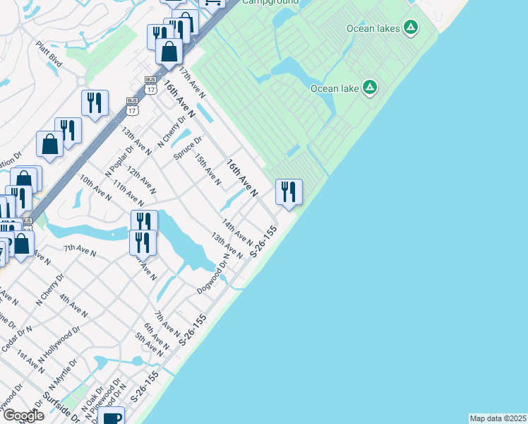 map of restaurants, bars, coffee shops, grocery stores, and more near 116 15th Avenue North in Surfside Beach