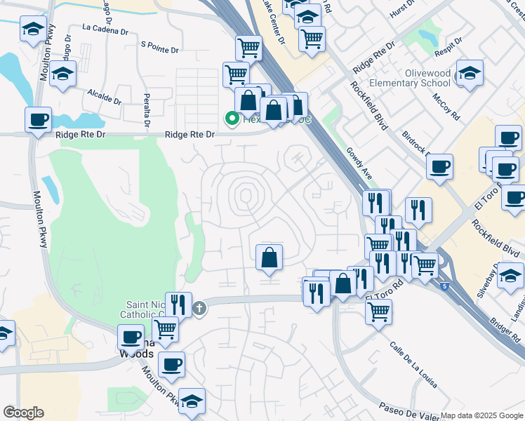 map of restaurants, bars, coffee shops, grocery stores, and more near 2263 Via Puerta in Laguna Woods
