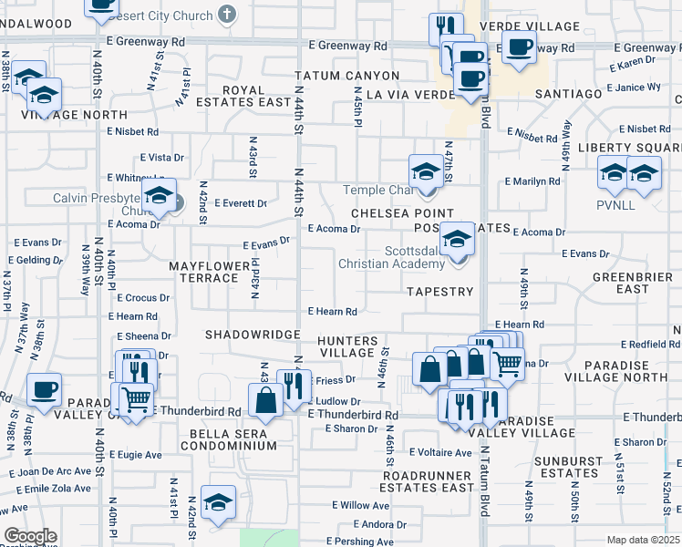 map of restaurants, bars, coffee shops, grocery stores, and more near 4518 East Crocus Drive in Phoenix