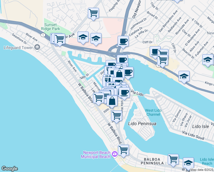 map of restaurants, bars, coffee shops, grocery stores, and more near in Newport Beach