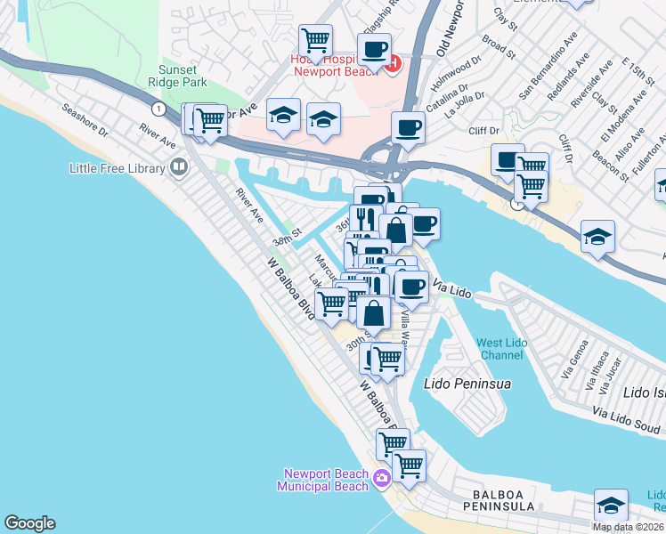 map of restaurants, bars, coffee shops, grocery stores, and more near in Newport Beach