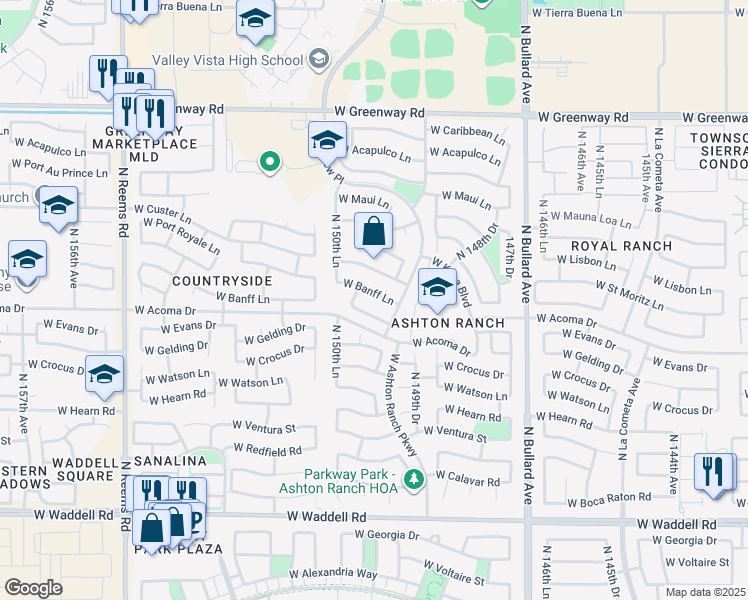 map of restaurants, bars, coffee shops, grocery stores, and more near 14923 West Banff Lane in Surprise
