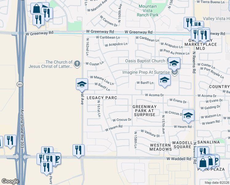 map of restaurants, bars, coffee shops, grocery stores, and more near 16046 West Evans Drive in Surprise