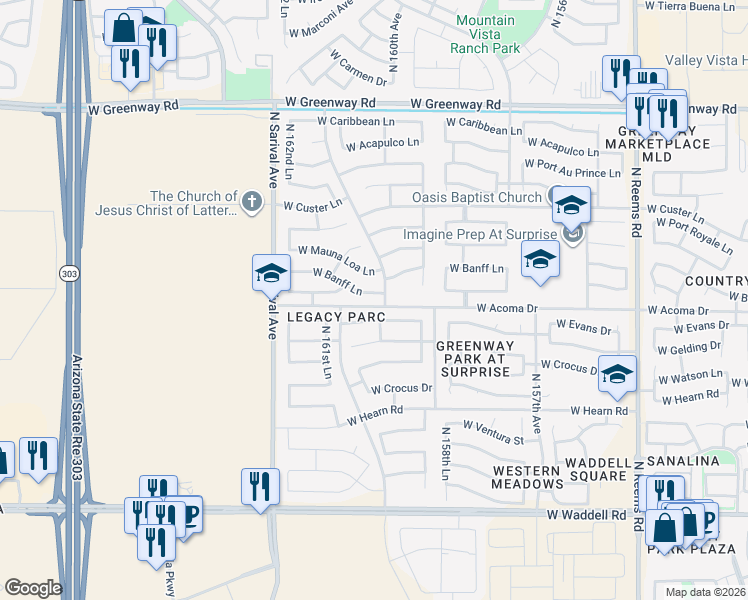 map of restaurants, bars, coffee shops, grocery stores, and more near 16046 West Evans Drive in Surprise