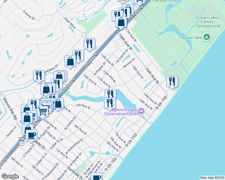 map of restaurants, bars, coffee shops, grocery stores, and more near 616 10th Avenue North in Myrtle Beach
