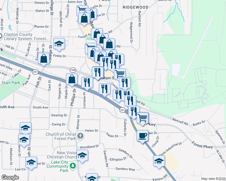 map of restaurants, bars, coffee shops, grocery stores, and more near 5013 Courtney Dr in Forest Park