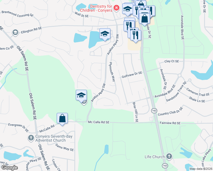 map of restaurants, bars, coffee shops, grocery stores, and more near 2905 Lighthouse Way Southeast in Conyers
