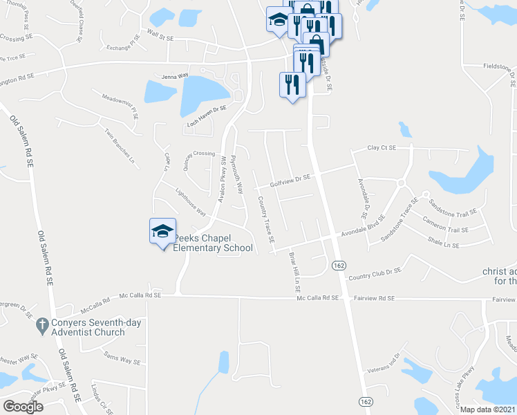 map of restaurants, bars, coffee shops, grocery stores, and more near 2618 Country Trce Southeast in Conyers