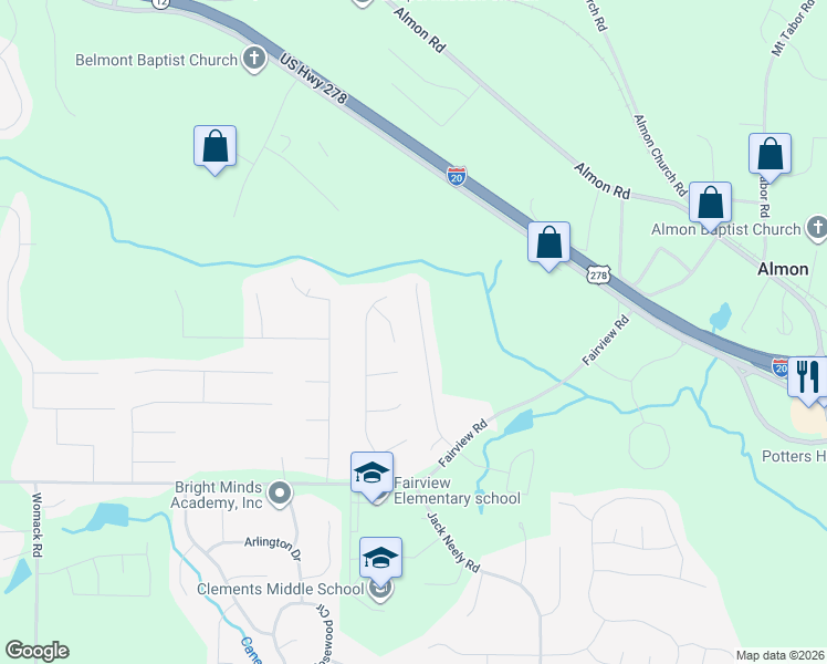 map of restaurants, bars, coffee shops, grocery stores, and more near 155 Fairclift Drive in Covington