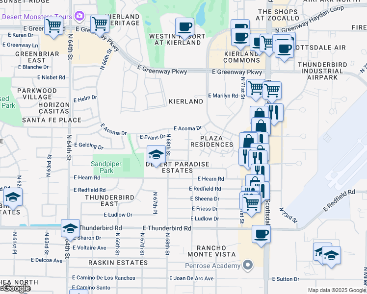 map of restaurants, bars, coffee shops, grocery stores, and more near 6834 East Gelding Drive in Scottsdale