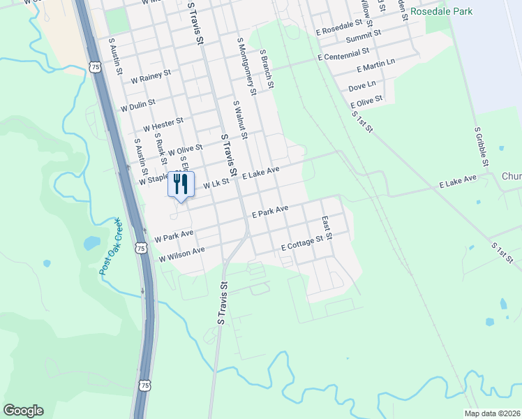 map of restaurants, bars, coffee shops, grocery stores, and more near 1824 South Walnut Street in Sherman