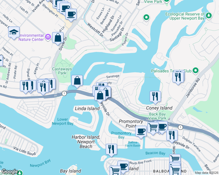 map of restaurants, bars, coffee shops, grocery stores, and more near 294 Mayflower Drive in Newport Beach