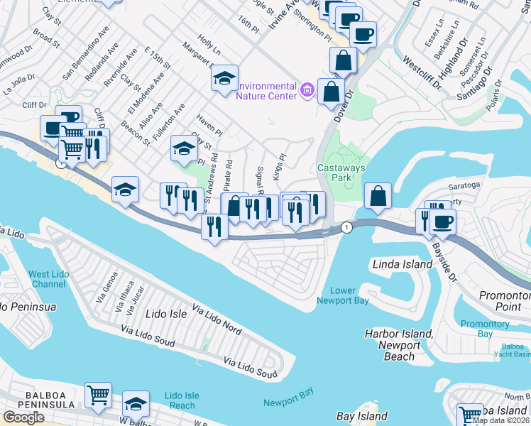 map of restaurants, bars, coffee shops, grocery stores, and more near 700 West Coast Highway in Newport Beach