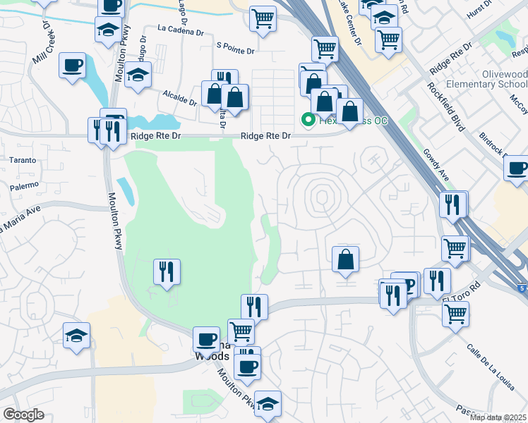 map of restaurants, bars, coffee shops, grocery stores, and more near 2393 Via Mariposa West in Laguna Woods
