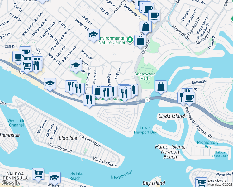 map of restaurants, bars, coffee shops, grocery stores, and more near 530 Kings Road in Newport Beach