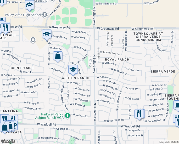map of restaurants, bars, coffee shops, grocery stores, and more near 14715 147th Drive in Surprise