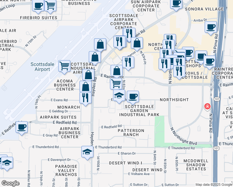 map of restaurants, bars, coffee shops, grocery stores, and more near 14455 North Hayden Road in Scottsdale