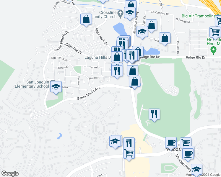 map of restaurants, bars, coffee shops, grocery stores, and more near 3128 Via Serena North in Laguna Woods