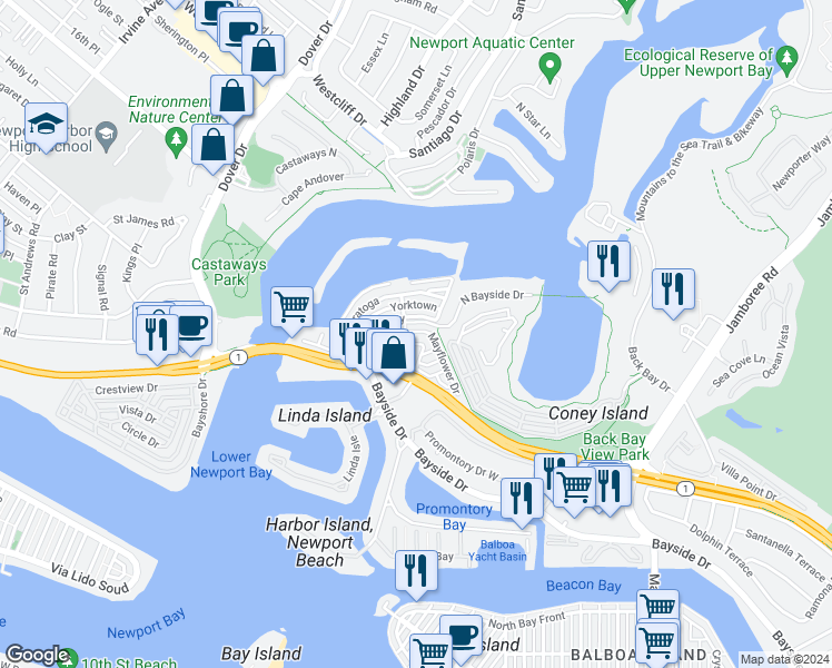 map of restaurants, bars, coffee shops, grocery stores, and more near 292 Mayflower Drive in Newport Beach